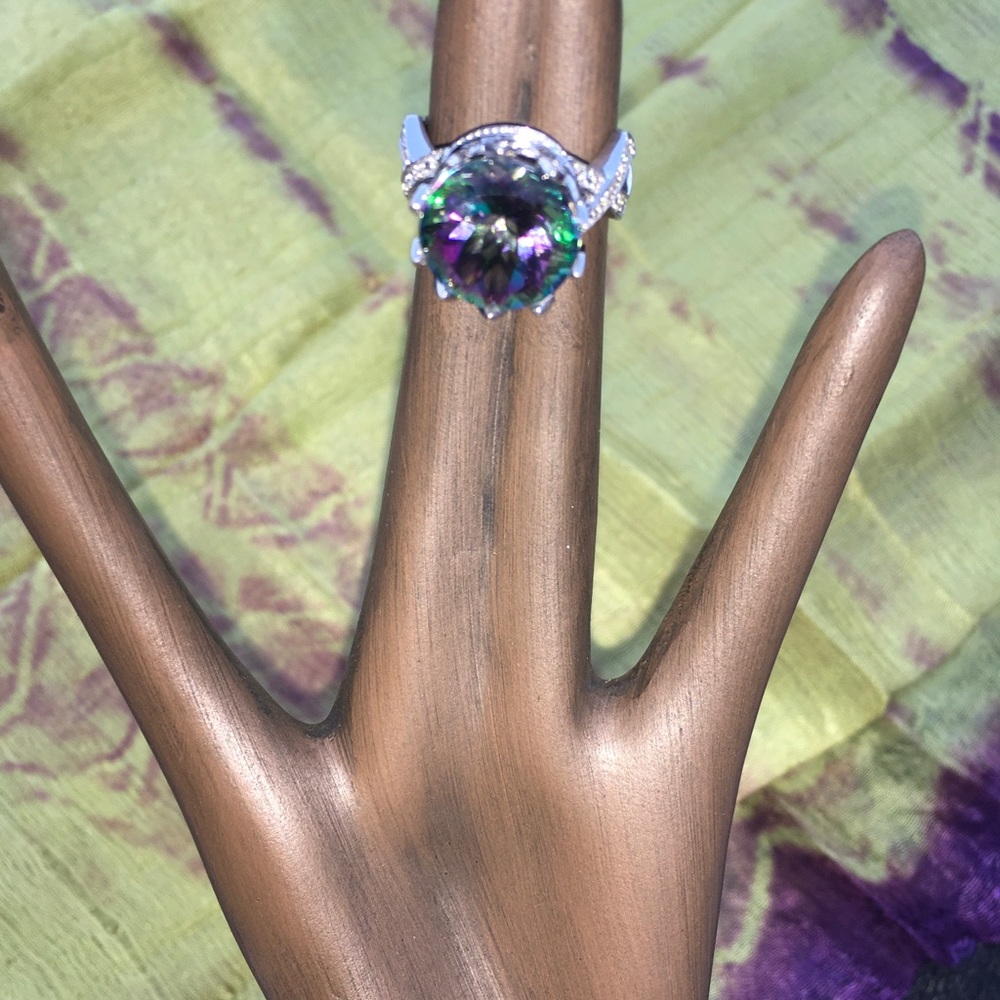 Mystic Topaz Rhodium Plated Sterling Ring - sz 9